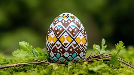 Intricately decorated easter egg with geometric patterns on moss background
