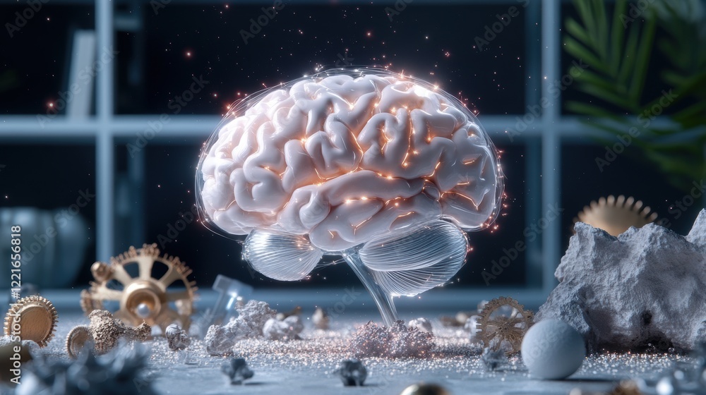 Poster futuristic artificial intelligence brain with technology elements in a modern setting