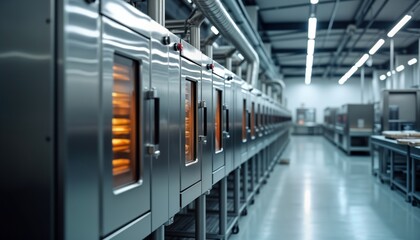 Naklejka premium Modern industrial bakery oven tech showcased in spotless factory setting. Automated baking equipment. Food industry production line. Commercial kitchen design. High-capacity precision baking.