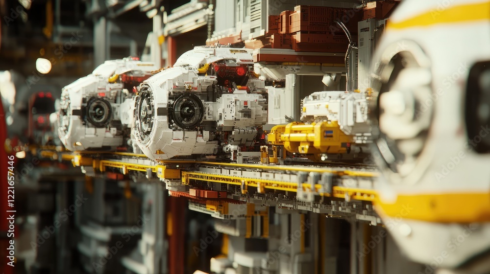 Poster a conveyor system transporting car engines through different stages of assembly.