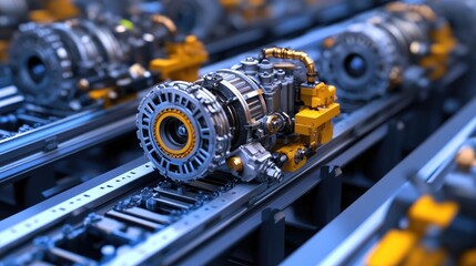 Fototapeta premium A conveyor belt transporting completed engines to the next stage in the factory.