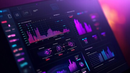 Naklejka premium A digital dashboard displaying ISO accreditation progress, with interactive graphs and holograms of industry metrics, sleek modern interface, Neon Cyberpunk Style