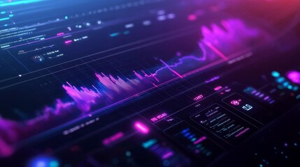 Obraz premium A digital dashboard displaying ISO accreditation progress, with interactive graphs and holograms of industry metrics, sleek modern interface, Neon Cyberpunk Style
