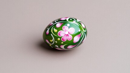 Hand-painted easter egg with pink floral design on green background