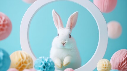 Fototapeta premium An adorable white bunny popping through a circular frame, surrounded by pastel-colored decorations