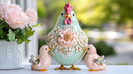 Elegant ceramic chicken and chicks with floral design on sunny window sill