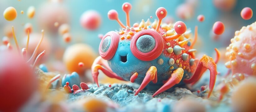 Surreal and bizarre digital of a strange microscopic alien creature or microorganism with a vibrant psychedelic and futuristic aesthetic  Detailed close up view of a unique