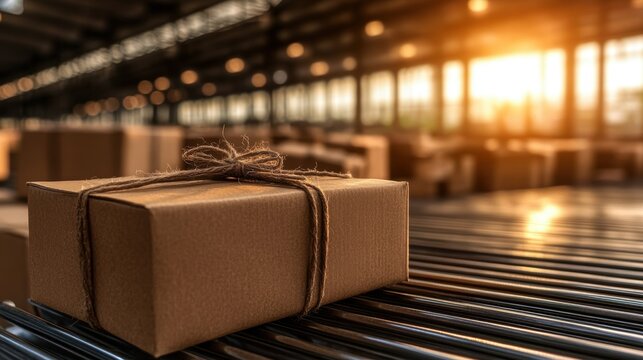 Rustic package on conveyor in warehouse with warm evening sunlight