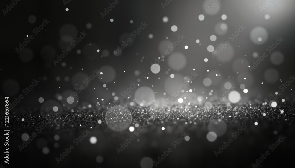 Poster abstract background displays soft bokeh lights, floating dust particles. dark grey, black backdrop w