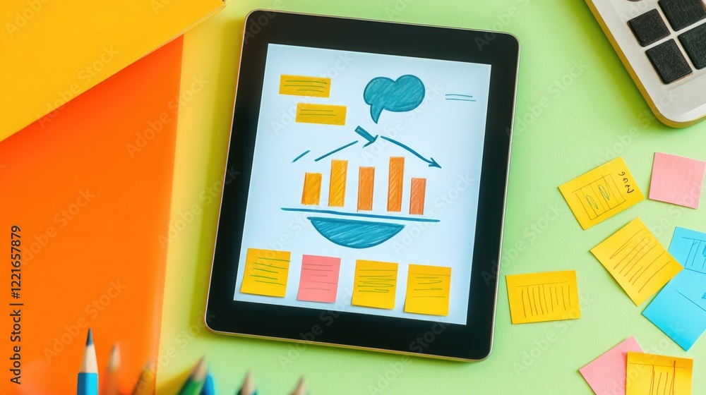 Poster a desk with a tablet displaying a marketing funnel graphic and sticky notes with goals.