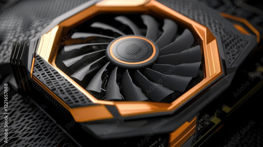 Poster a detailed macro shot of a gpu with intricate cooling fins and a fan.