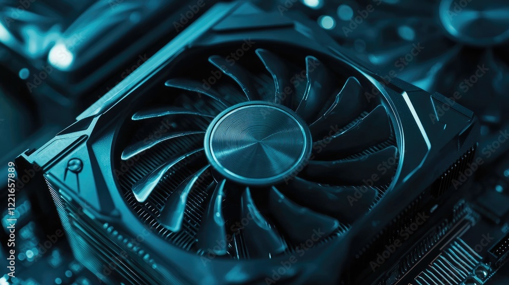 Poster a detailed macro shot of a gpu with intricate cooling fins and a fan.