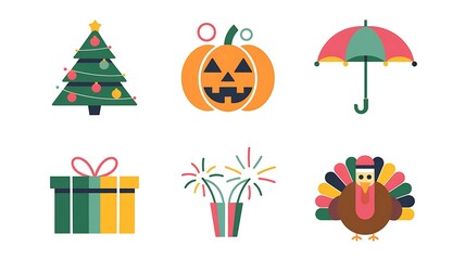 Obraz premium Six festive icons Christmas tree, jackolantern, umbrella, gift box, fireworks, and Thanksgiving turkey. Simple, colorful, holidaythemed vector graphics.