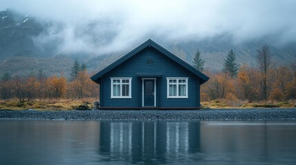 Fototapeta premium Serene Lakeside Cabin in Misty Mountains