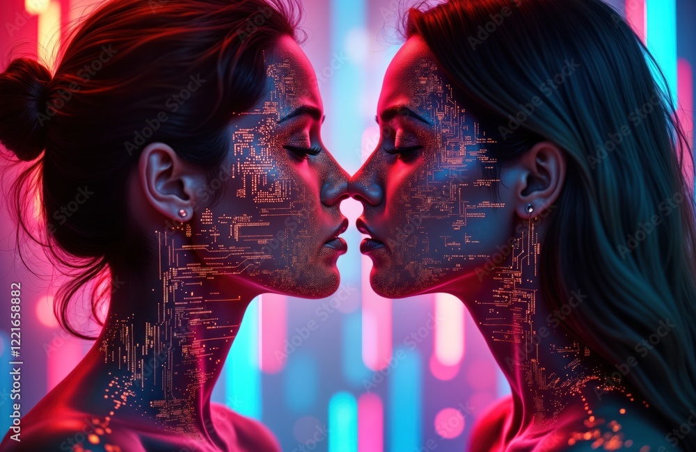 Poster two women face in close-up view. faces covered in patterns resembling circuits, code, intersection o