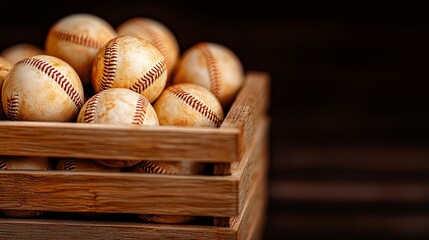 Close-up of a wooden crate overflowing with scuffed baseballs, each ball with visible game wear, evoking deep nostalgia and passion for the sport, timeless passion concept