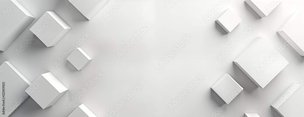 Poster abstract minimalist design with white geometric shapes. 3d rendering of interconnected squares, cube