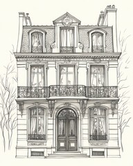 Obraz premium Elegant Parisian Townhouse Architectural Drawing