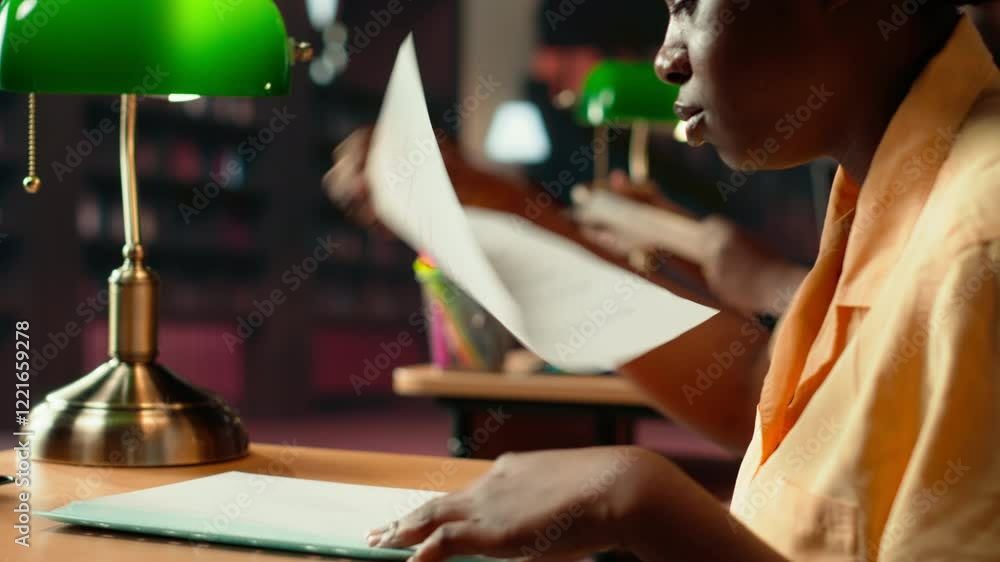 Poster college student underlining relevant phrases from the class notes using a highlighter pen, learning 