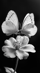 Fototapeta premium A black and white photograph of butterflies kissing inside a wild rose flower.