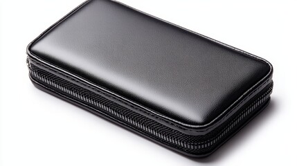 Clean and detailed black fabric hard case with a zipper, perfectly isolated on white, highlighting every texture and line for product clarity