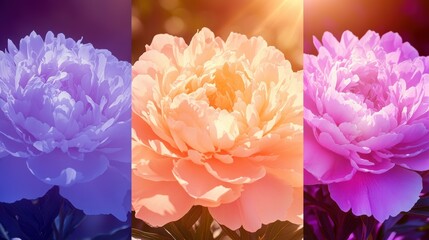 Triple peony blossom in vivid colors and warm sunlight