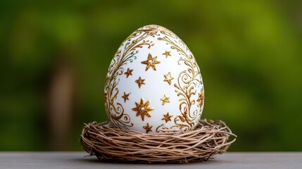Ornate decorative egg with gold embellishments in nest on natural green background