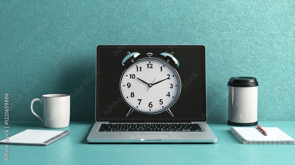 Poster a laptop displaying a time management tool with a notepad and coffee mug beside it.