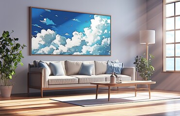 Living Room with Modern Furniture, Blue Sky Artwork