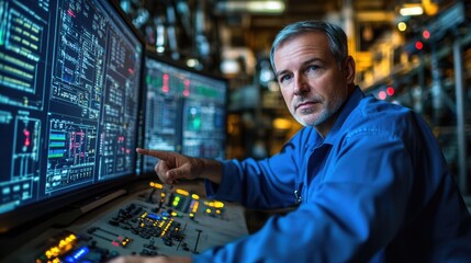  Scada engineers operator controller working with data base from Scada system on computer screen at green power plant factory.
