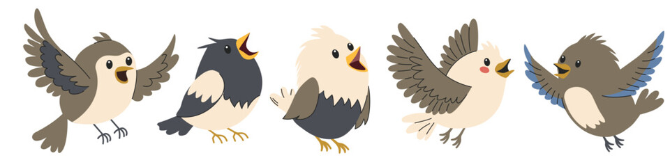 A set of flat vector illustrations in children's style. Cute birds sitting and flying 