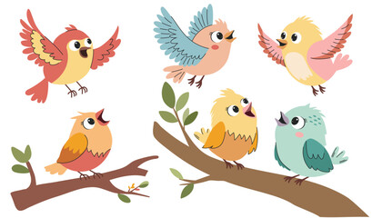 Naklejka premium Set of cute birds. A set of flat vector illustrations in children's style. Cute birds sitting and flying 