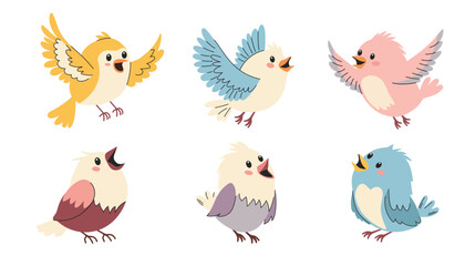 Set of cute birds. A set of flat vector illustrations in children's style. Cute birds sitting and flying 