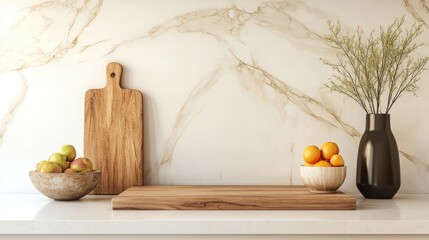 A minimalist kitchen counter with a wooden cutting board, a vase, and a fruit bowl.