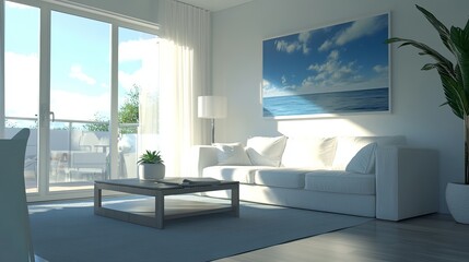 Naklejka premium Living Room with Modern Furniture, Blue Sky Artwork