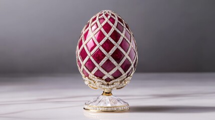 Luxurious ruby red faberge egg with diamond lattice on marble surface