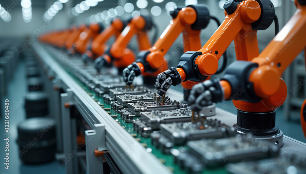 Poster automated production line shows robotic arms assembling parts with precision. factory setting displa
