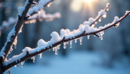 Obraz premium Icy crystalline structures glisten on bare tree branches, winter, crystal