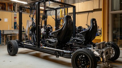 Fototapeta premium A side view of robotic arms working on installing car seats into a vehicle frame.