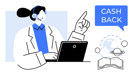 Customer service figure wearing headset pointing to CASH BACK text, using a laptop. Associated with a book, globe, and planetary rings. Ideal for customer support, finance, education, e-learning