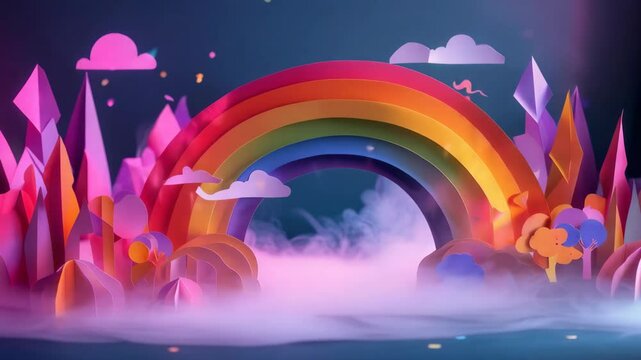 Fantasy rainbow arch with glowing crystals and misty atmosphere
