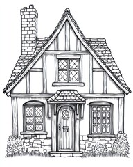 Fototapeta premium Charming Cottage House Drawing Black And White Illustration