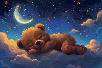 A brown teddy bear laying on top of a cloud