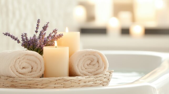 Serene spa setting with lavender, candles, and rolled towels for relaxation