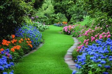 Obraz premium A winding garden path bordered by vibrant colorful flowers