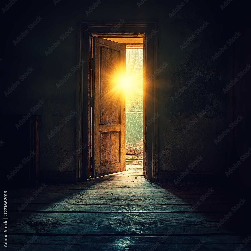 Poster sunlight streaming through an open door abandoned building photographic scene dim environment captiv