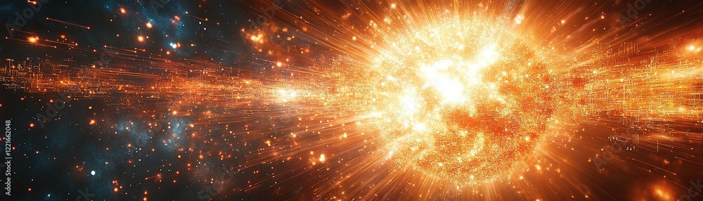 Poster explosive solar flare event outer space digital artwork cosmic environment close-up view astrophysic