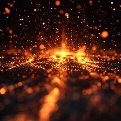 Fototapeta premium Erupting sparks and glowing particles abstract art digital creation dark background close-up view energy and motion