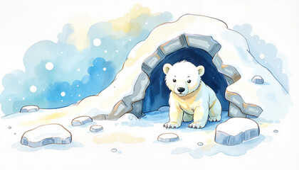 Fototapeta premium Polar bear emerging from snow cave in winter landscape. Polar bear den 