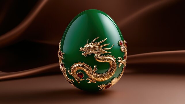 Ornate green egg with golden dragon and gemstone accents on brown silk background - Powered by Adobe